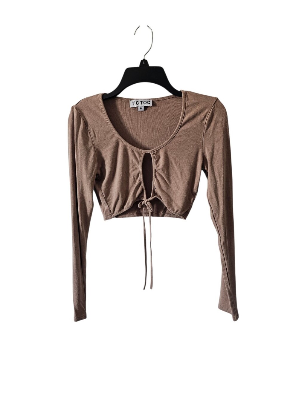 Tic Toc Brown Sexy Tie Front Crop Top Size M Long Sleeve Keyhole Cutout Knit